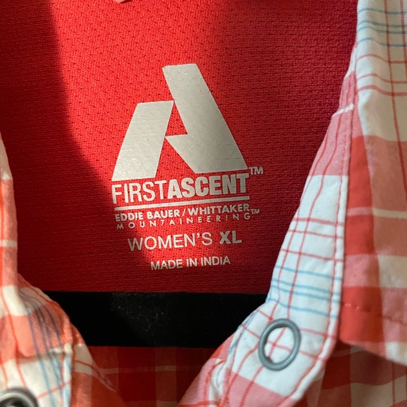 Vintage Eddie Bauer plaid shirt, Orange & white, contrasting solid side panels - Picture 2 of 6